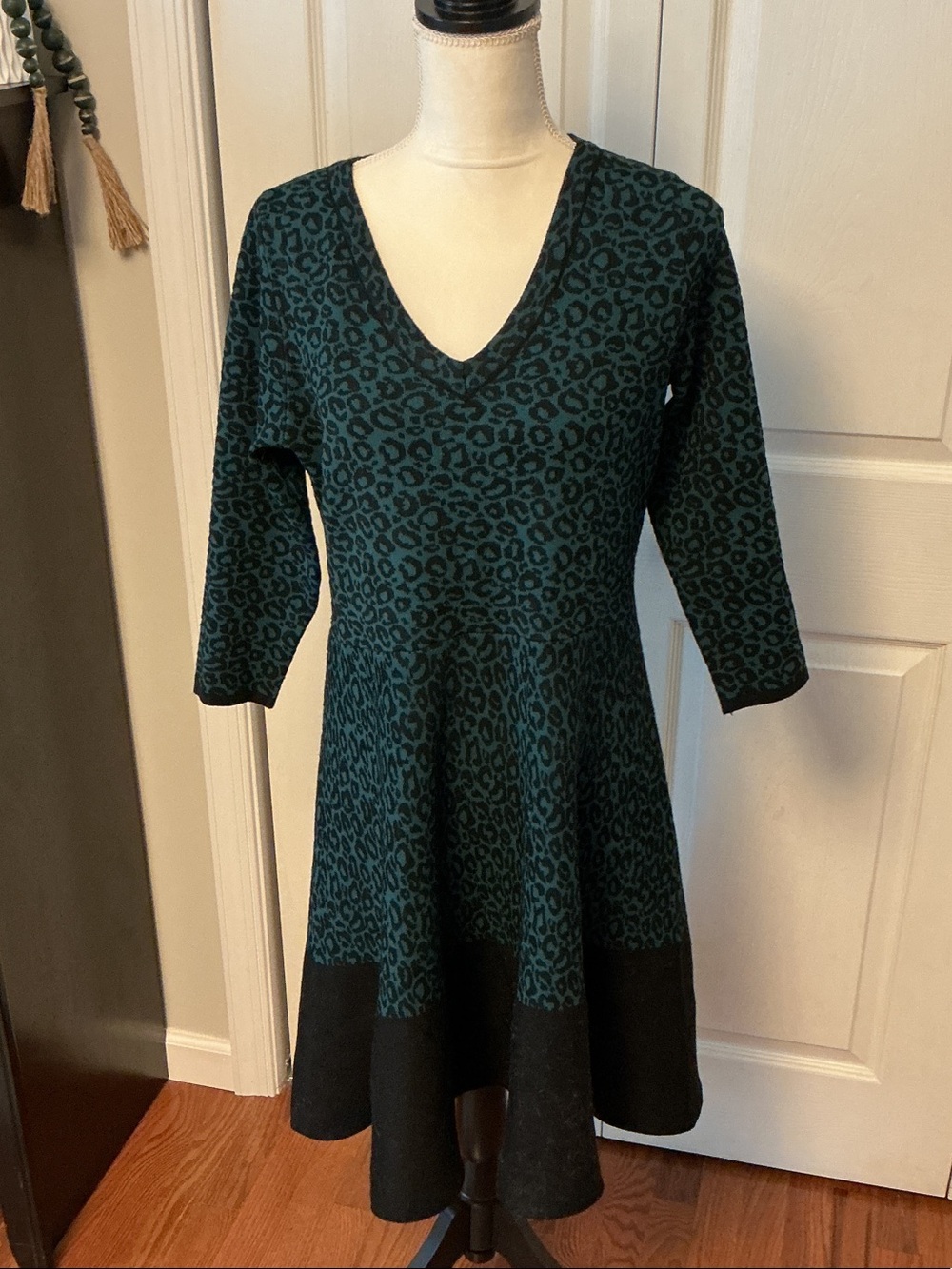Taylor Teal and Black V-Neck Fit-and-Flare Long Sleeve Dress